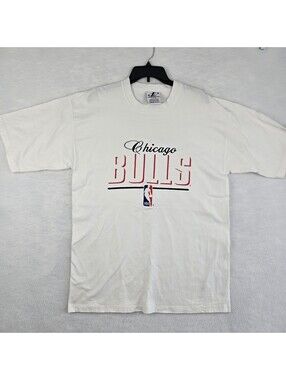 Vintage 90s Chicago Bulls Logo Athletic NBA White Graphic TShirt Mens L USA Made